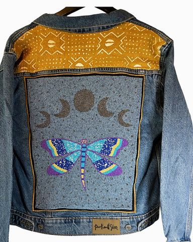 Beaded dragonfly over water denim jacket