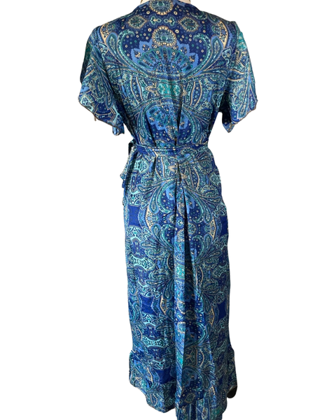 Gold Inlay Silk Wrap dress (Blue)