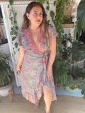 Gold Inlay Silk Wrap dress (light blue )