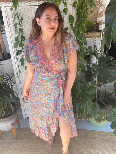 Gold Inlay Silk Wrap dress (light blue )