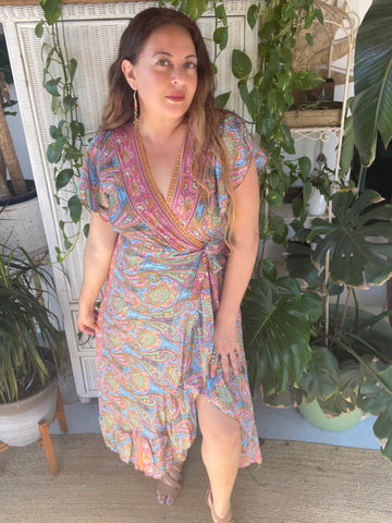 Gold Inlay Silk Wrap dress (light blue )
