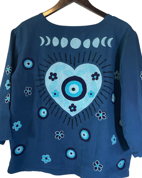 Chain stitch Embroidered Evil Eye heart shirt jacket (indigo)