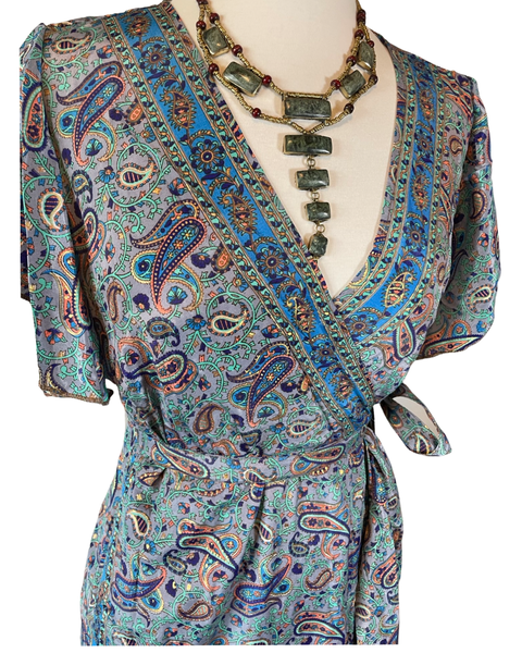 Gold Inlay Silk Wrap dress (Purple -Blue)