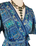 Gold Inlay Silk Wrap dress (Blue)