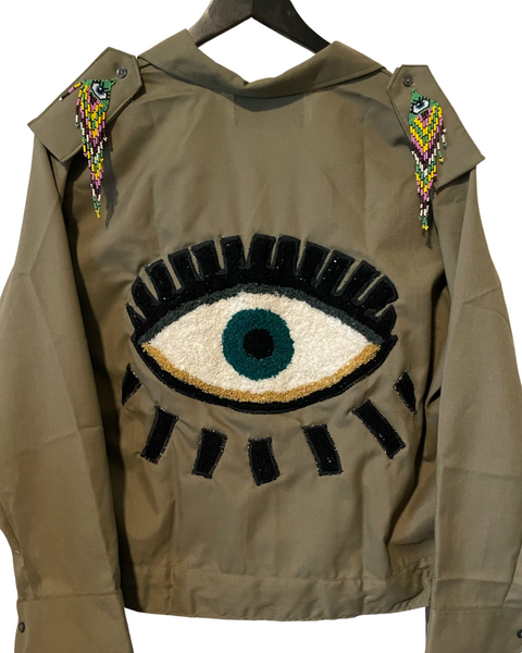 Military Shacket or utility shirt w/ embroidered Evil eye