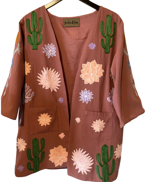 Chain stitch Embroidered Boho Desert Night Sky Jacket (Mauve) (brown)