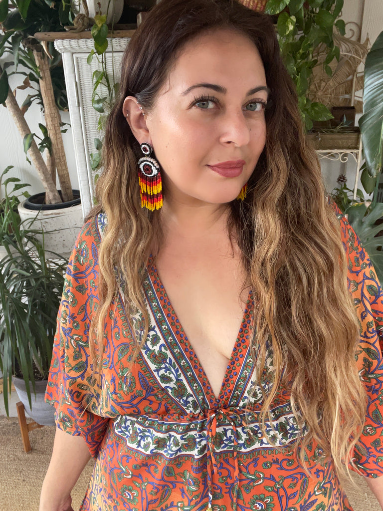 earrings for orange dress Orange Straw Fringe Hoop Earrings | Statement Earrings
