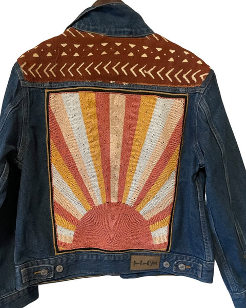 Hand Beaded 70’s inspired sunset with African Mud Cloth (DARK WASH)