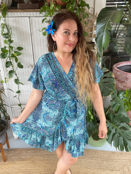 Silk Short Kimono Wrap dress (Blue)