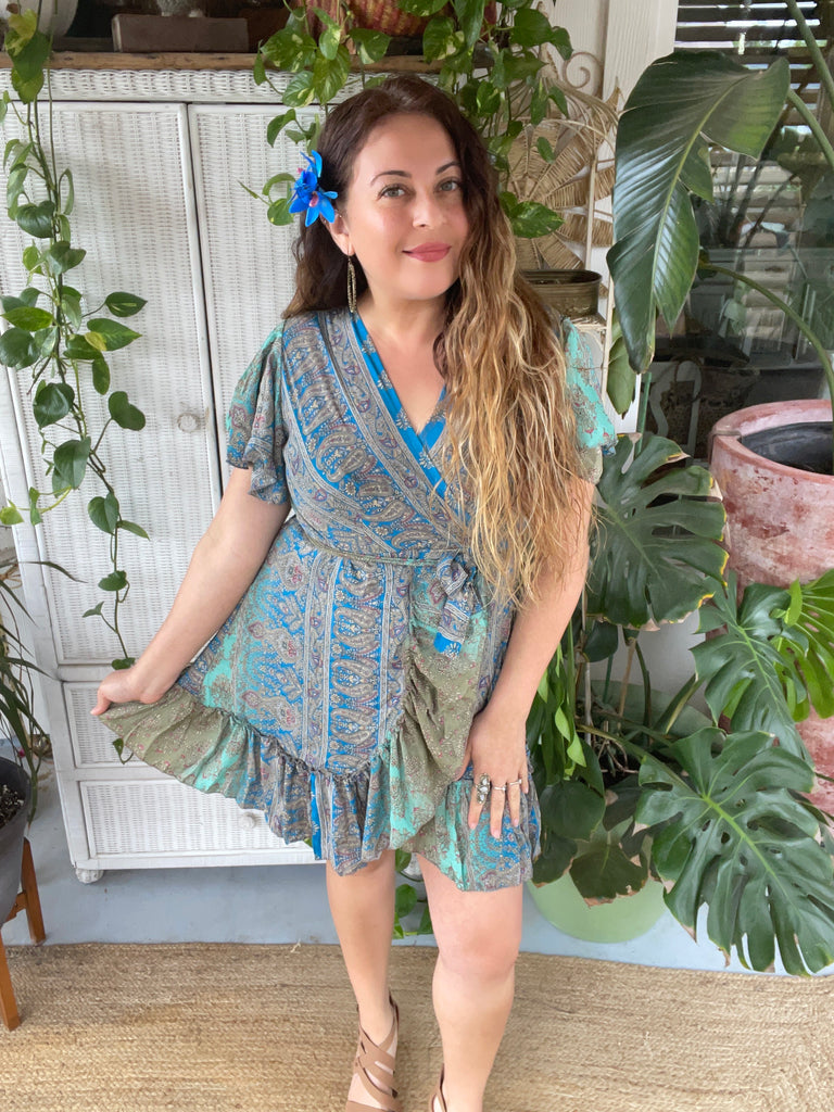 silk kimono dress Silk Short Kimono Wrap dress (Olive /blue)