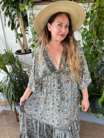 Double V-Neck Boho Maxi dress (Olive )