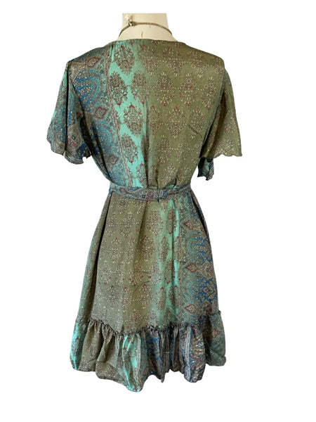 Silk Short Kimono Wrap dress (Olive /blue)