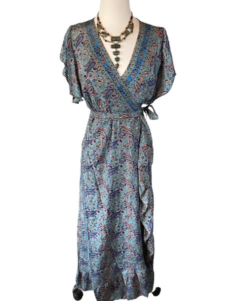 Gold Inlay Silk Wrap dress (Purple -Blue)