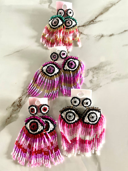 Beaded fringe evil eye earrings (pink )