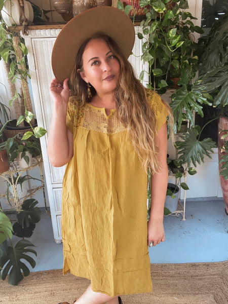 Embroidered Shift Midi dress (Mustard )