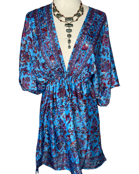 Silk kimono short  dress or tunic (Blue/Red)