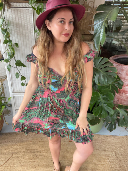 Short boho silk dress (green)