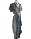 Silk adjustable ruffle wrap dress (Olive trim )