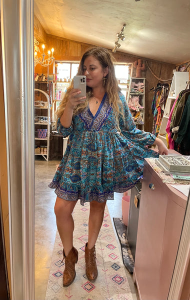 Silk Babydoll dress (Blue & Rust)