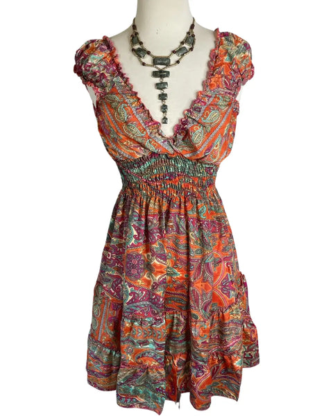 Short boho silk tiered dress (Orange -red)