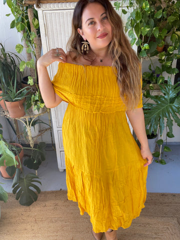 Cotton Gauze off the shoulder dress (Mustard)