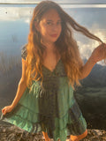 Short boho silk tiered dress (Blue/gold )