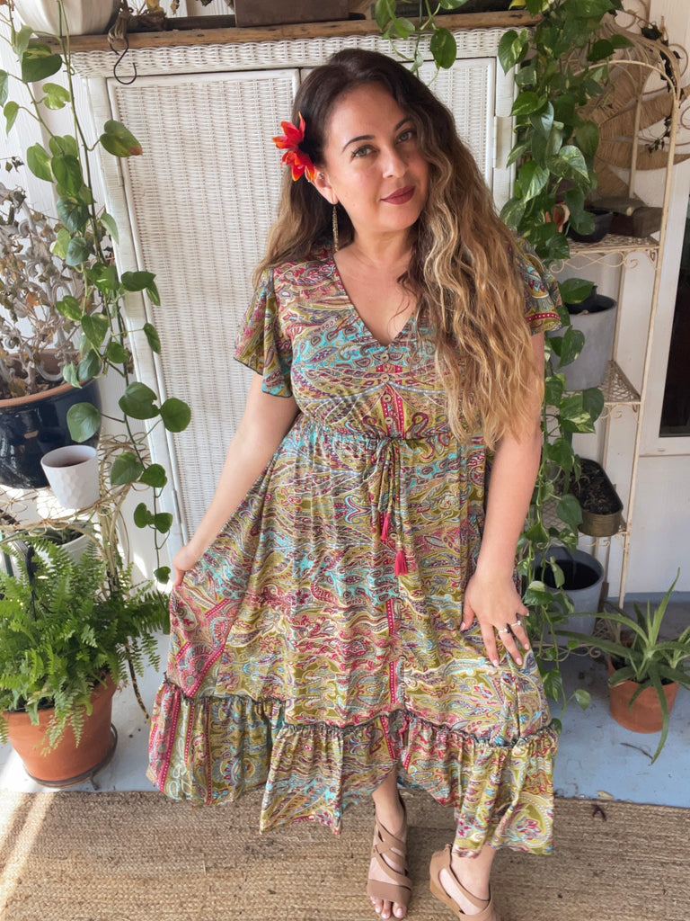 Silk Maxi Dress with butterfly sleeves (Olive) | pinkandsilverfashion Silk Maxi Dress with butterfly sleeves (Olive) | pinkandsilverfashion