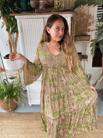 Silk Maxi dress with bell sleeves and buttons (Olive n pink)