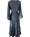 Silk Maxi dress with bell sleeves and buttons (Navy)
