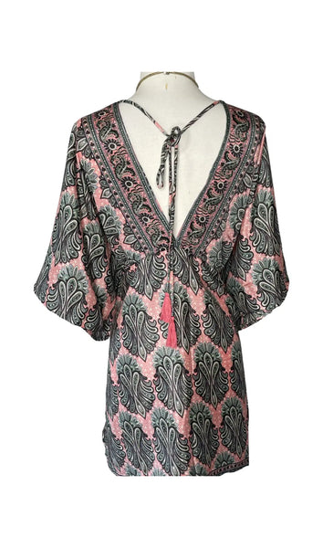 Silk kimono short  dress or tunic (Coral/Black)