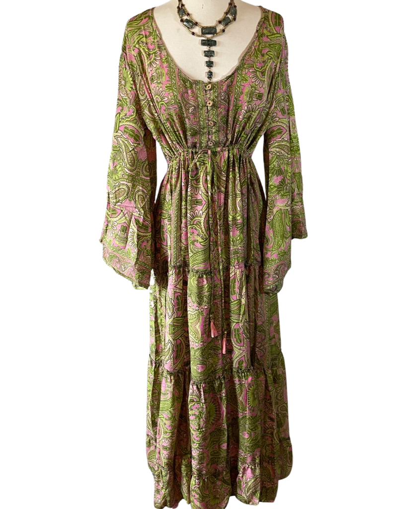 Silk Maxi dress with bell sleeves and buttons (Olive n pink) Silk Maxi dress with bell sleeves and buttons (Olive n pink)