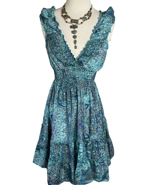 Short boho silk tiered dress (Shades of blue )