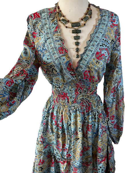 Short boho silk tiered dress w/ balloon sleeves (blue- tan)