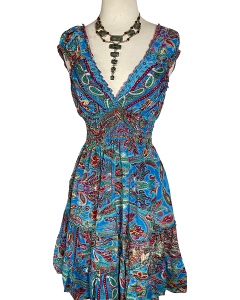 Short boho silk tiered dress (Blue)