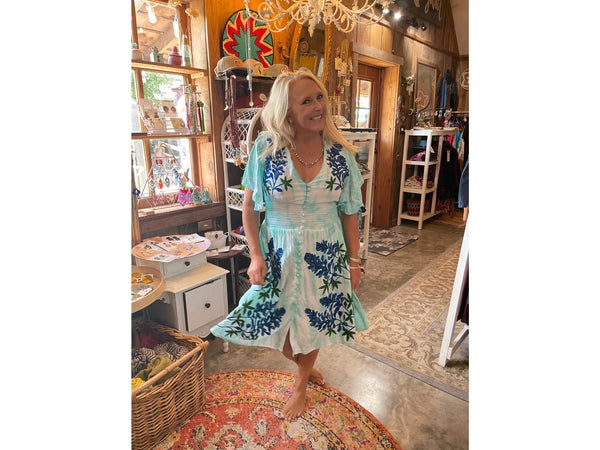 Tie dye embroidered blue bonnet dress