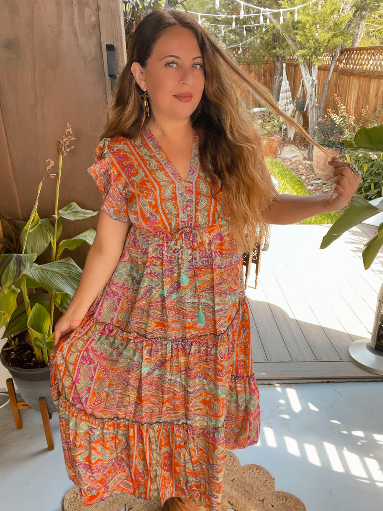 Tiered Bohemian Maxi Dress with drawstring waist (Multi-color) | pinkandsilverfashion Tiered Bohemian Maxi Dress with drawstring waist (Multi-color) | pinkandsilverfashion