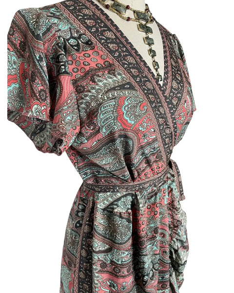 Silk adjustable ruffle wrap dress (gray n coral)