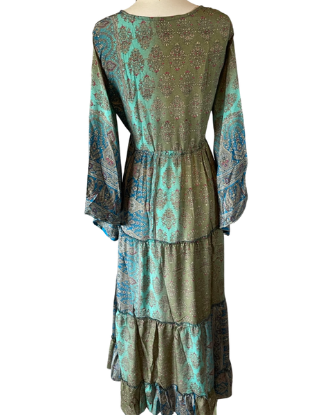 Silk Maxi dress with bell sleeves and buttons (Olive n blue )