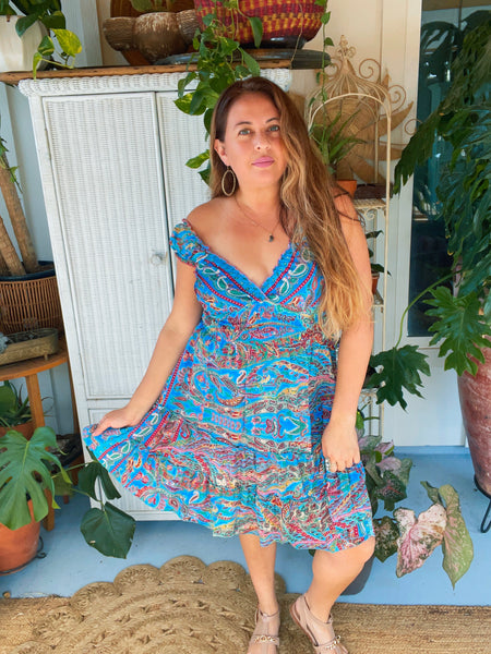 Short boho silk tiered dress (Blue)