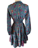 Short boho silk tiered dress w/ balloon sleeves (blue -pink)