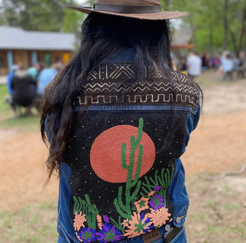 Hand  Beaded Desert night with African Mud Cloth (dark wash)