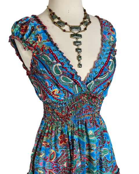 Short boho silk tiered dress (Blue)