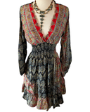 Short boho silk tiered dress w/ balloon sleeves (black n red)