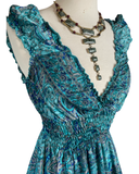 Short boho silk tiered dress (Blue/gold )