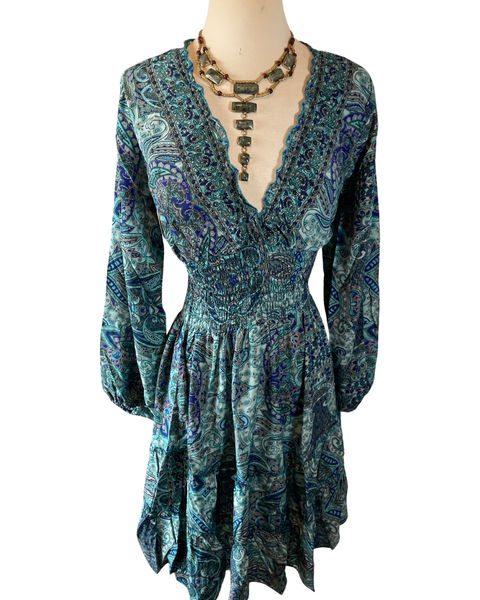 Short boho silk tiered dress w/ balloon sleeves (blue)