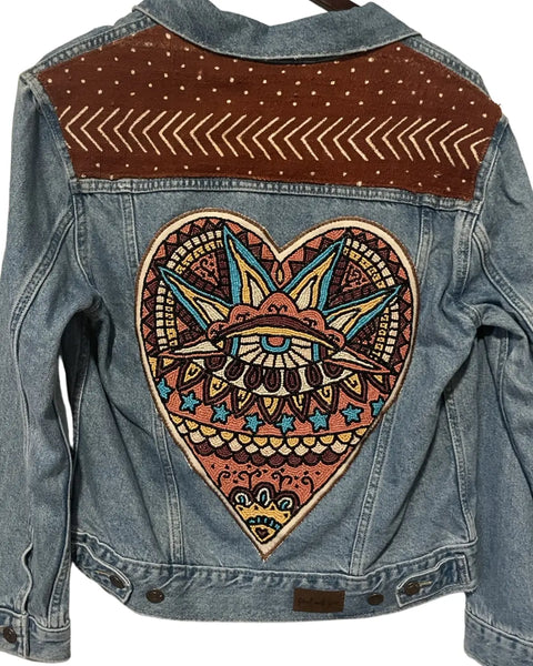 Hand Beaded Evil eye heart - distressed denim jacket with African Mud Cloth