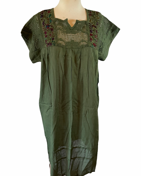 Embroidered Shift Midi dress (Olive)