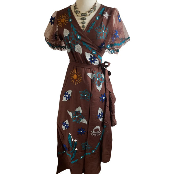 Moon and Sun Chain Stitch embroidered wrap dress