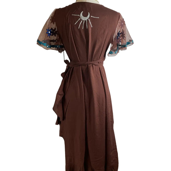 Moon and Sun Chain Stitch embroidered wrap dress