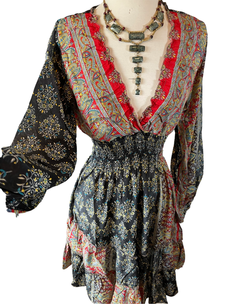 Short boho silk tiered dress w/ balloon sleeves (black n red)